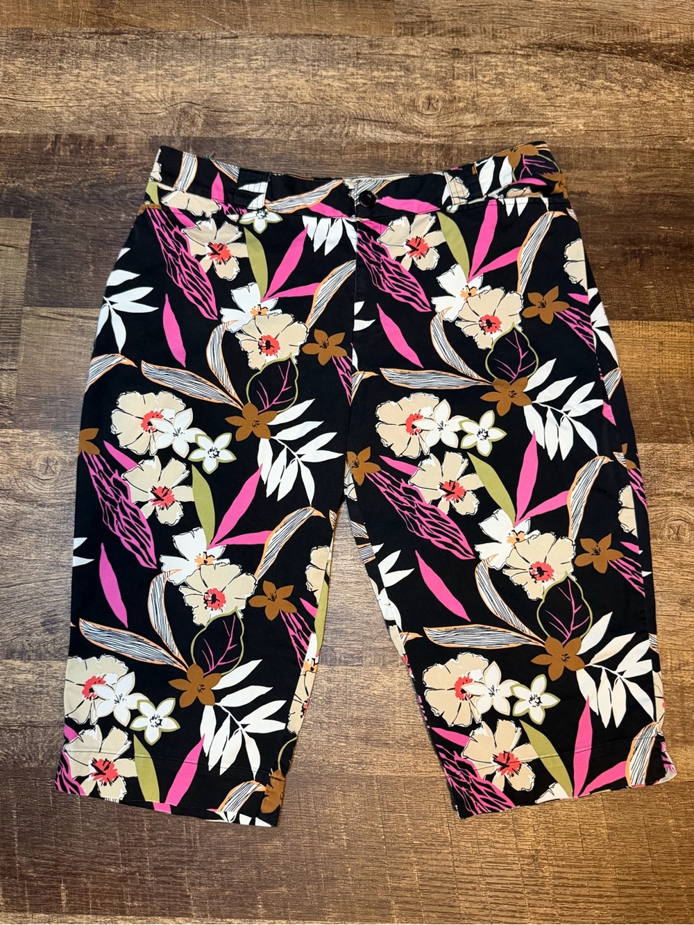 White Stag Black Floral Bermuda Shorts with Pink & Cream Accents
